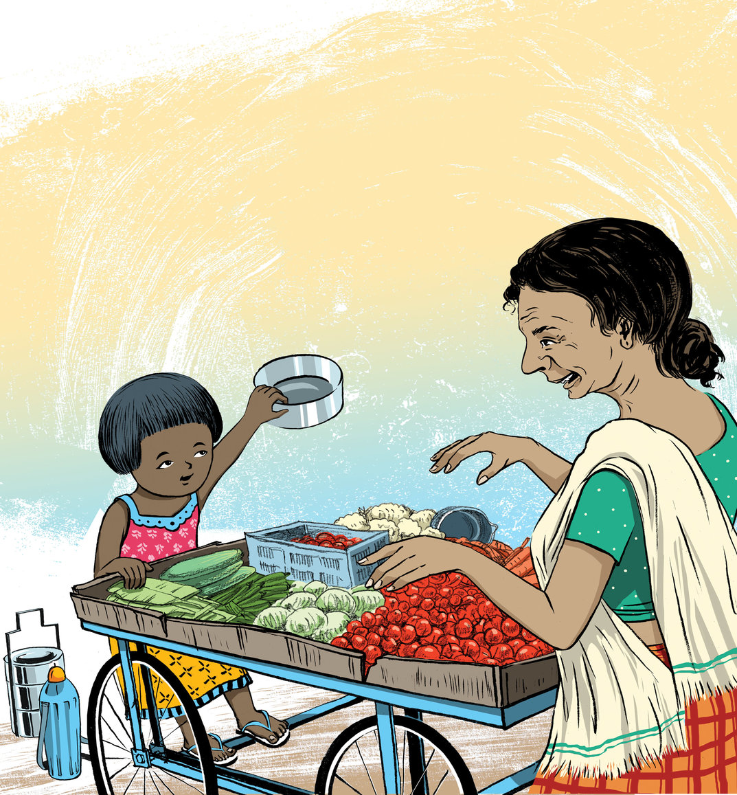 A little girl asking vegetable vendor for vegetables - StoryWeaver