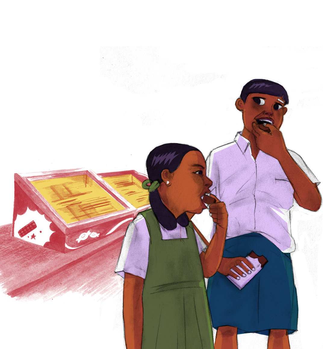 A boy and a girl eating chocolate - StoryWeaver