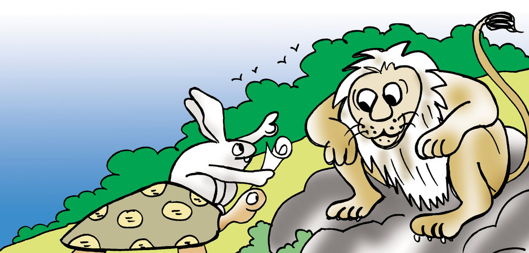 Tortoise and Hare speaking to a Lion - StoryWeaver