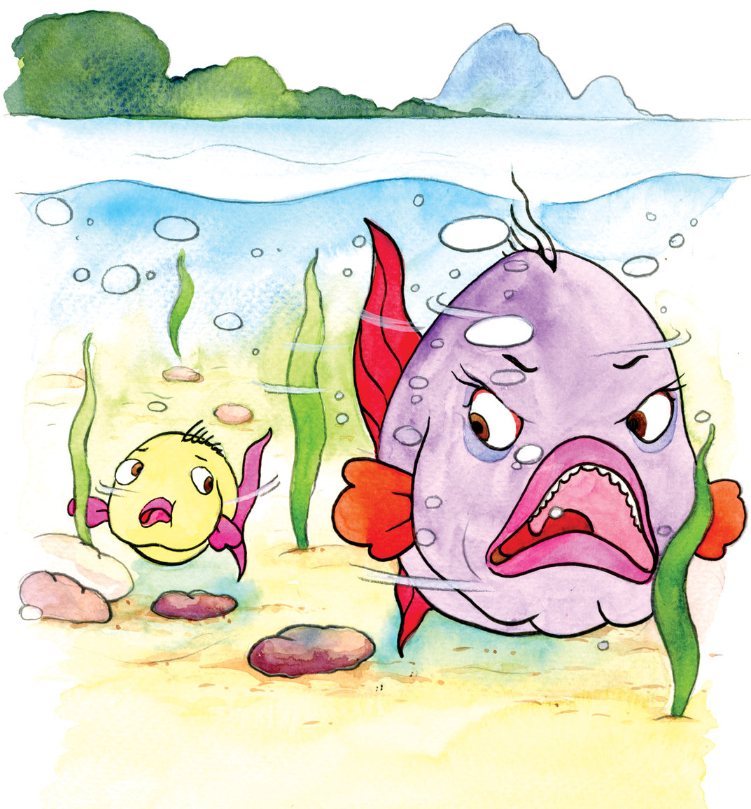 A big fish talking angrily to a small fish - StoryWeaver