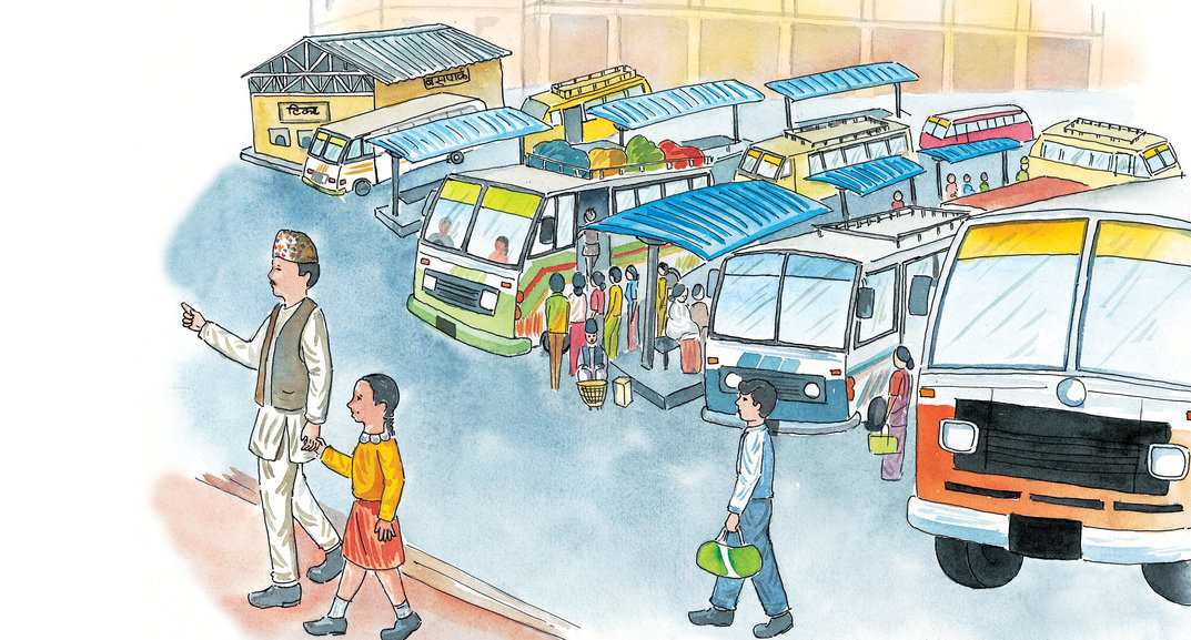 A girl and a man at a bus stand - StoryWeaver