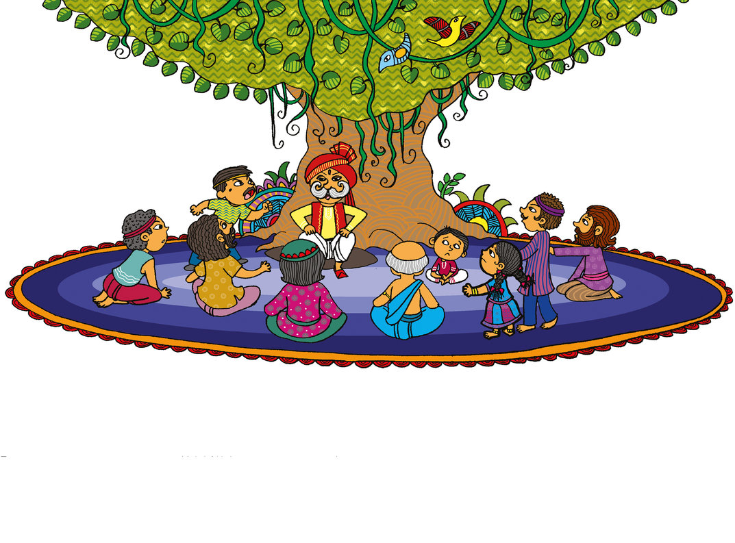 A group of villagers sitting under a banyan tree - StoryWeaver
