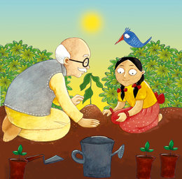 Girl and grandfather gardening - StoryWeaver