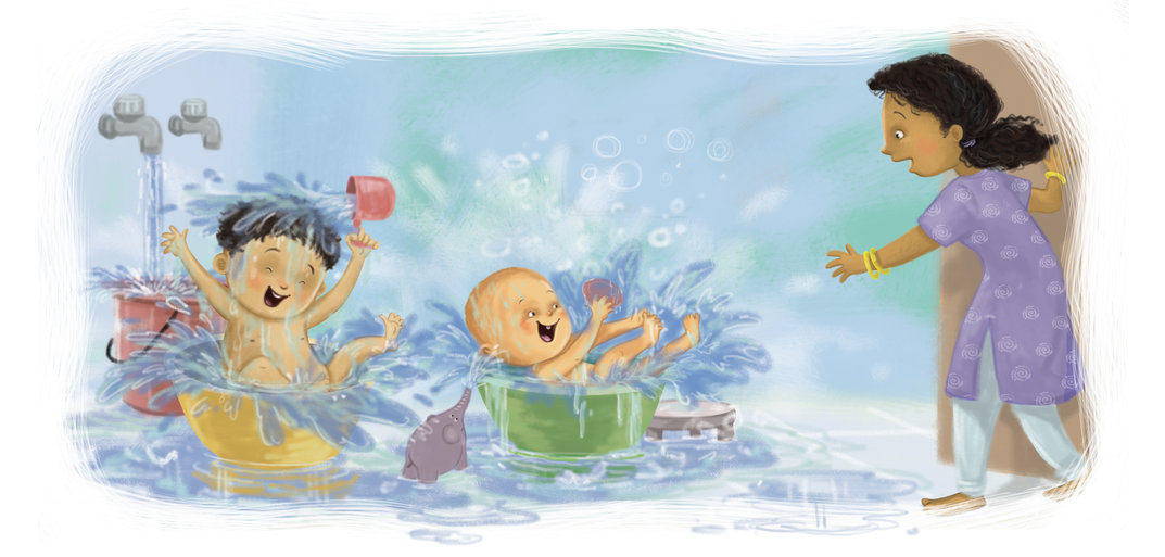 Children bathing and playing in water - StoryWeaver