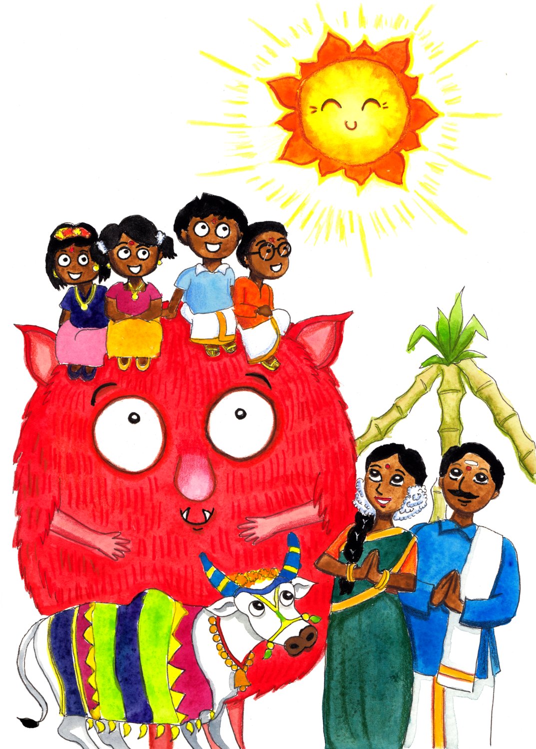 Pongal celebration with happy monster, kids, cow and grown ups - StoryWeaver
