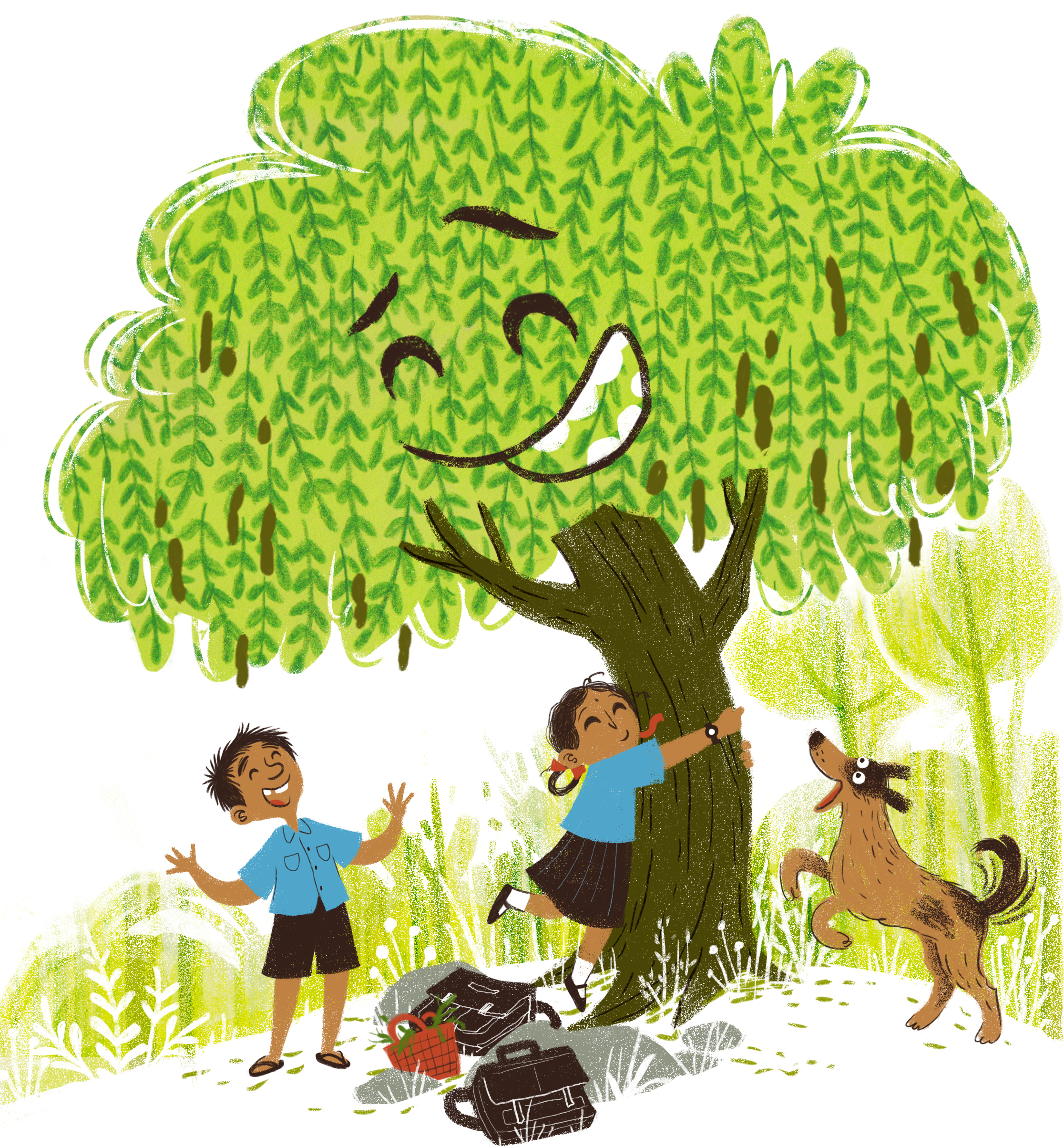 Boy Laughing Girl Hugging A Tree Happy Dog Storyweaver