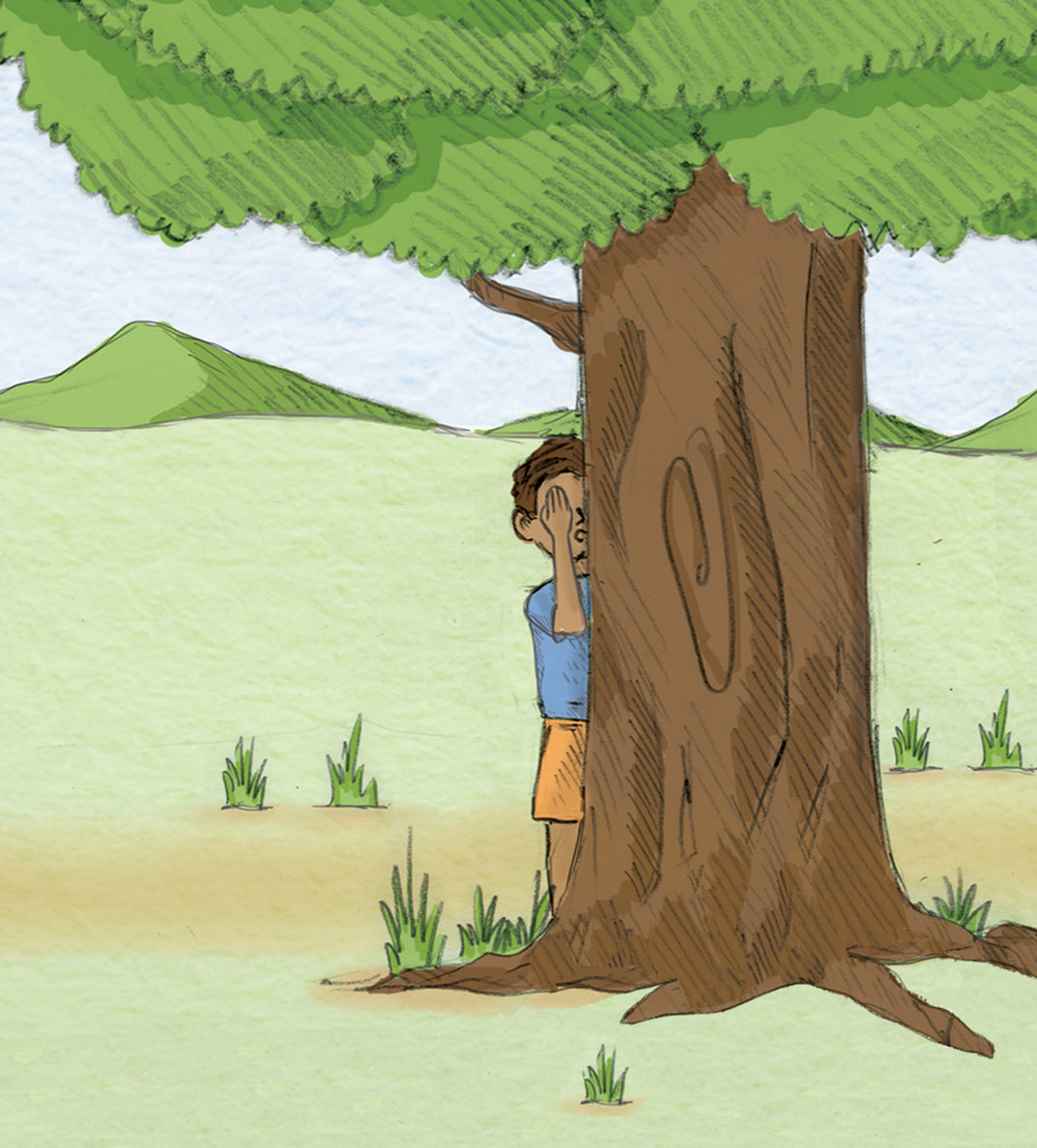 A boy standing by a tree with his hands on his eyes - StoryWeaver
