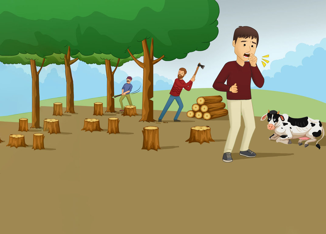 People cutting trees, Weak animal, A person coughing - StoryWeaver