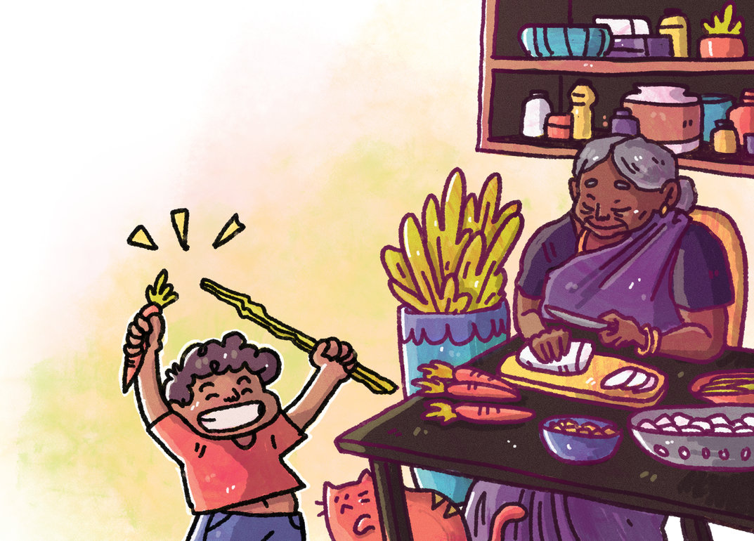 A happy boy holding vegetables next to old lady cutting vegetables -  StoryWeaver