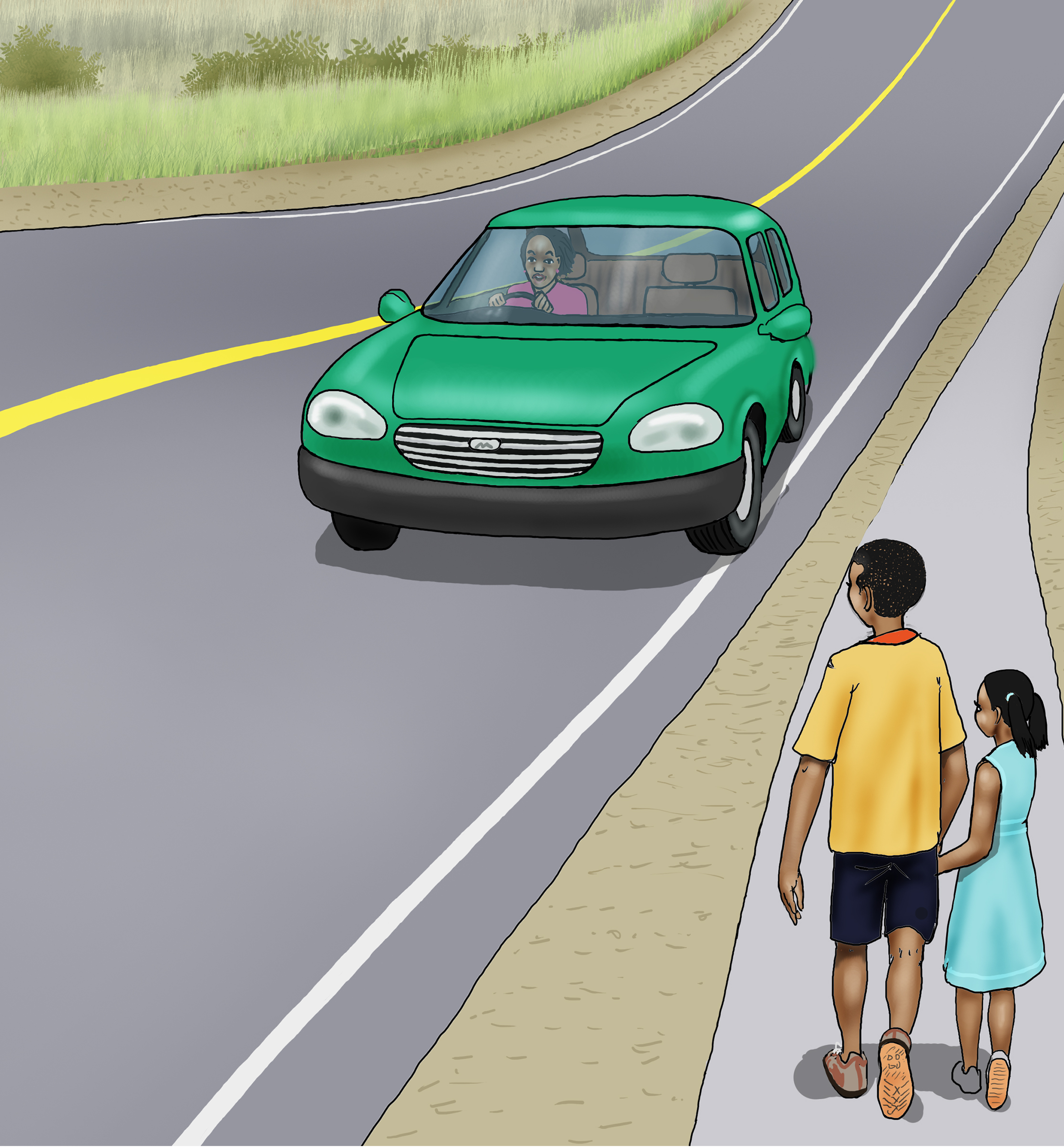 A Boy And A Girl Looking At A Green Car On The Road Storyweaver