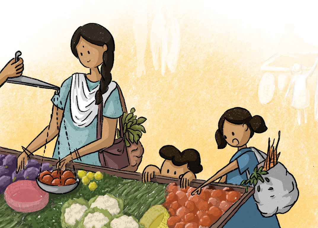 Woman and children buying vegetables - StoryWeaver